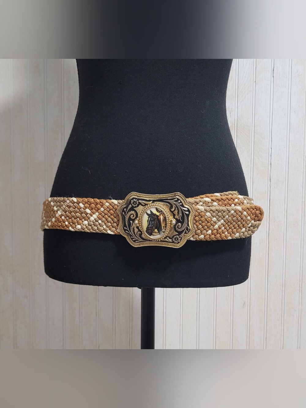 Vintage Western Horse Buckle Woven Braided Macrame Belt One Size